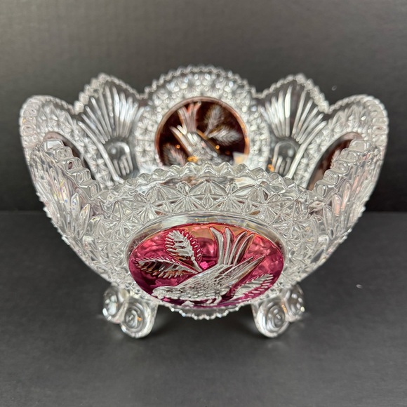 Hofbauer Byrdes The Ruby 8 1/4" Bird Console Footed Vase Bowl Crystal Servware - Picture 2 of 16